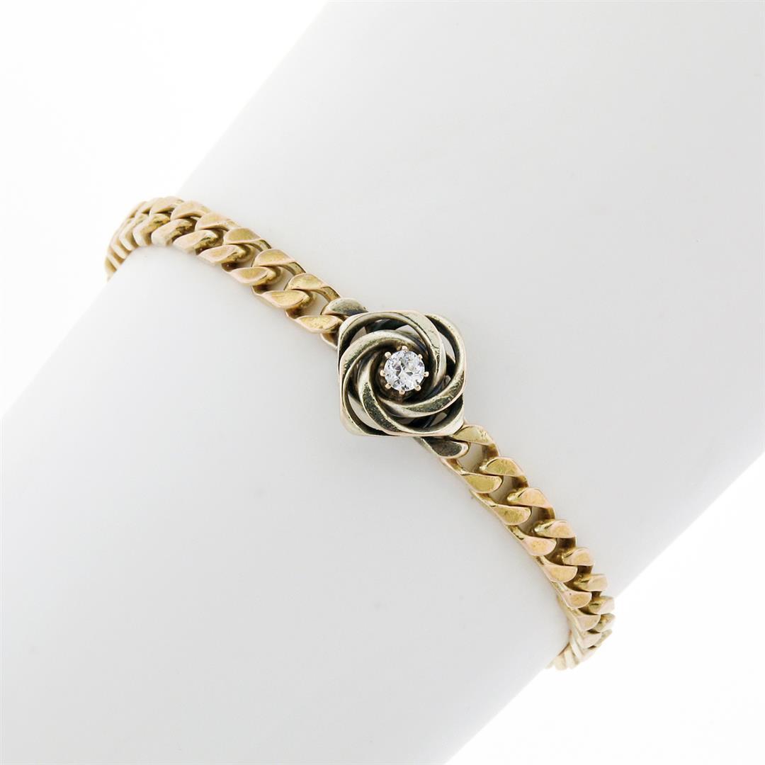 Vintage 14k TT Gold 0.17 ctw Diamond Solitaire Swirl Cuban Curb Chain Bracelet