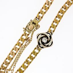 Vintage 14k TT Gold 0.17 ctw Diamond Solitaire Swirl Cuban Curb Chain Bracelet