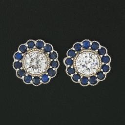 New 14k White Gold 1.51 ctw Diamond Sapphire Halo Milgrain Flower Cluster Earrin