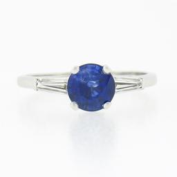 14k White Gold 1.57 ctw Round Sapphire & Baguette Diamond 3 Stone Engagement Rin