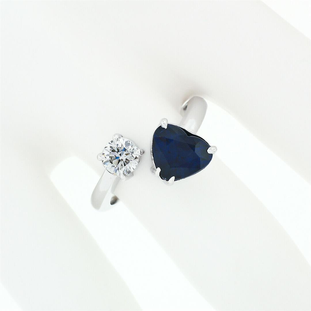 NEW 18K White Gold 2.71 ctw GIA Heart Blue Sapphire Diamond Moi et Toi Bypass Ri