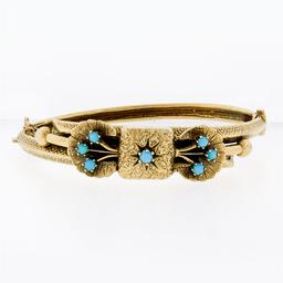 Vintage Etruscan Revival 14K Gold Persian Turquoise Textured Bow Bangle Bracelet