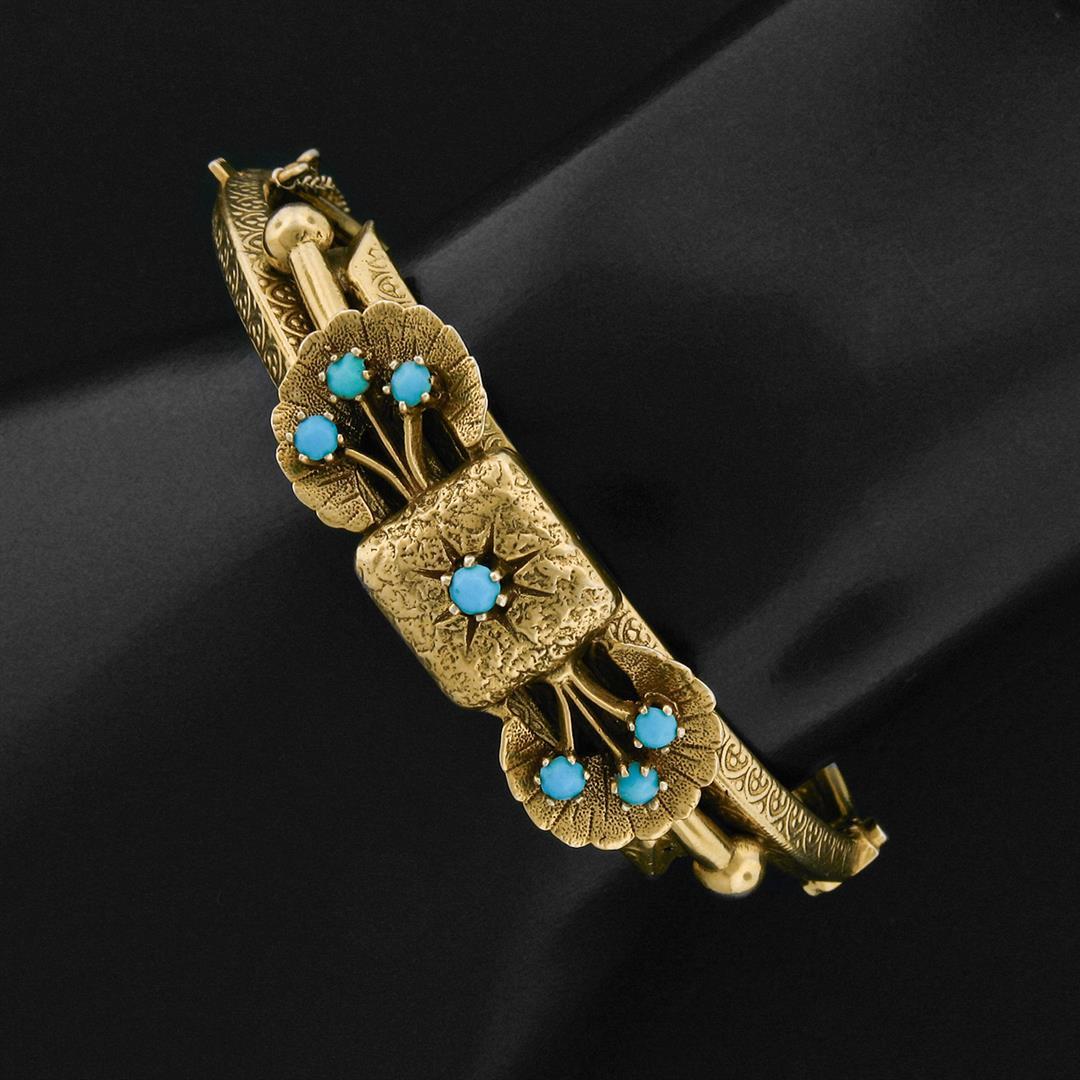 Vintage Etruscan Revival 14K Gold Persian Turquoise Textured Bow Bangle Bracelet