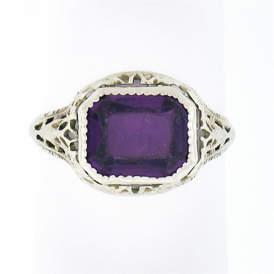 Antique Art Deco 10K Gold Bezel Amethyst Solitaire w/ Open Filigree Petite Ring