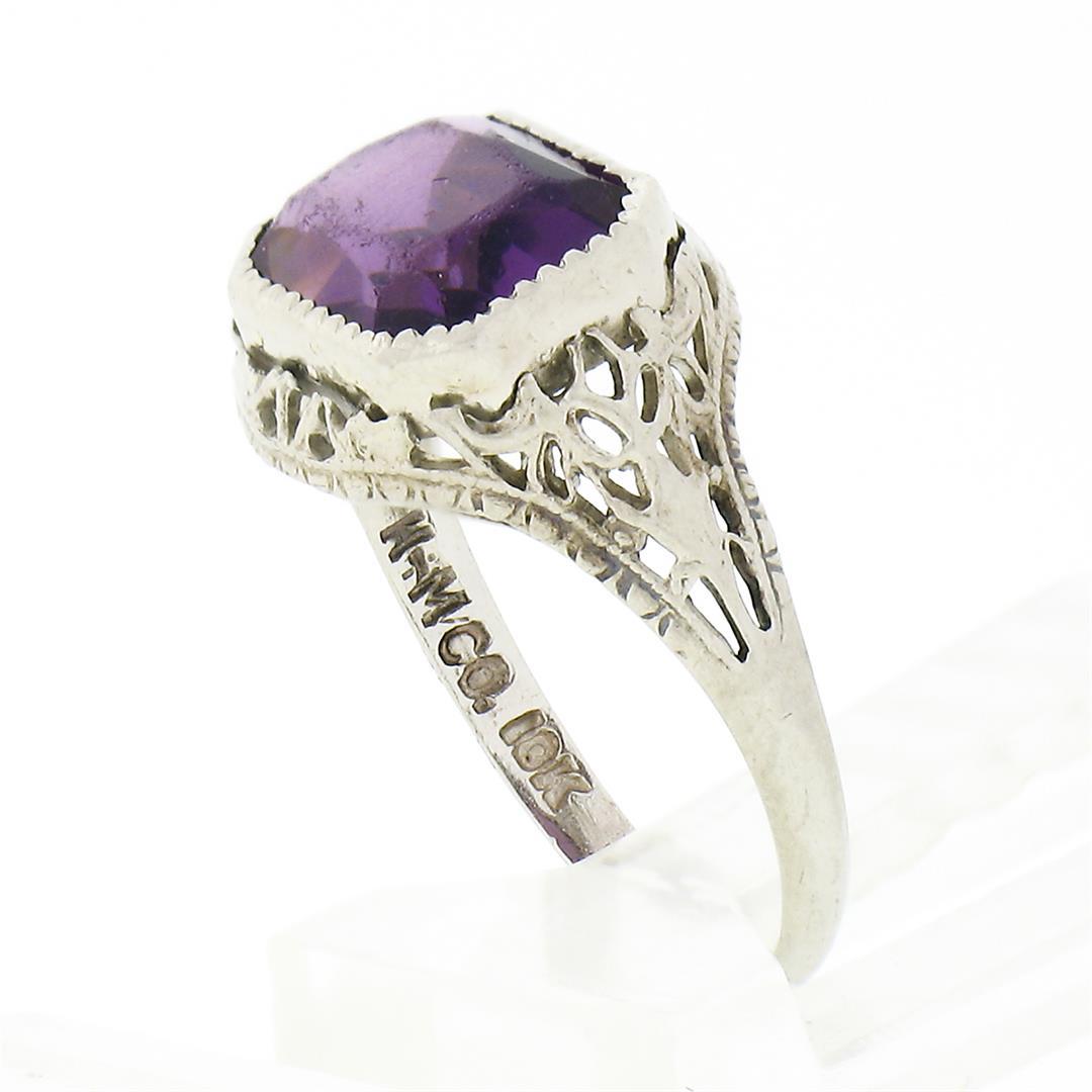 Antique Art Deco 10K Gold Bezel Amethyst Solitaire w/ Open Filigree Petite Ring