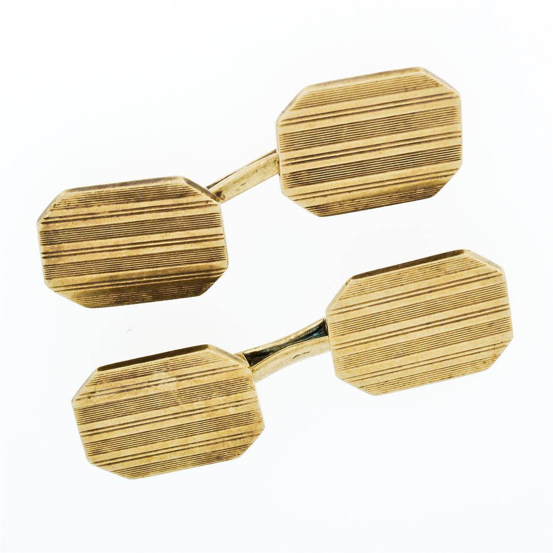 Art Deco 14k Yellow Gold Grooved Dual Rectangular Panel Cuff Links