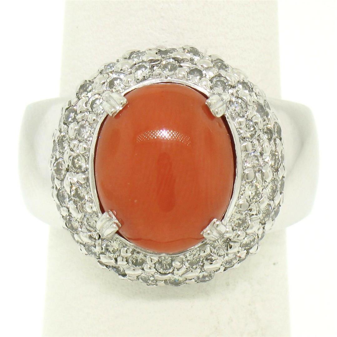 14k White Gold Oval Cabochon Red Coral Ring w/ 2.10 ctw Diamond Halo