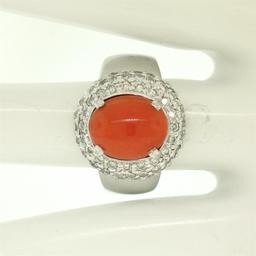 14k White Gold Oval Cabochon Red Coral Ring w/ 2.10 ctw Diamond Halo