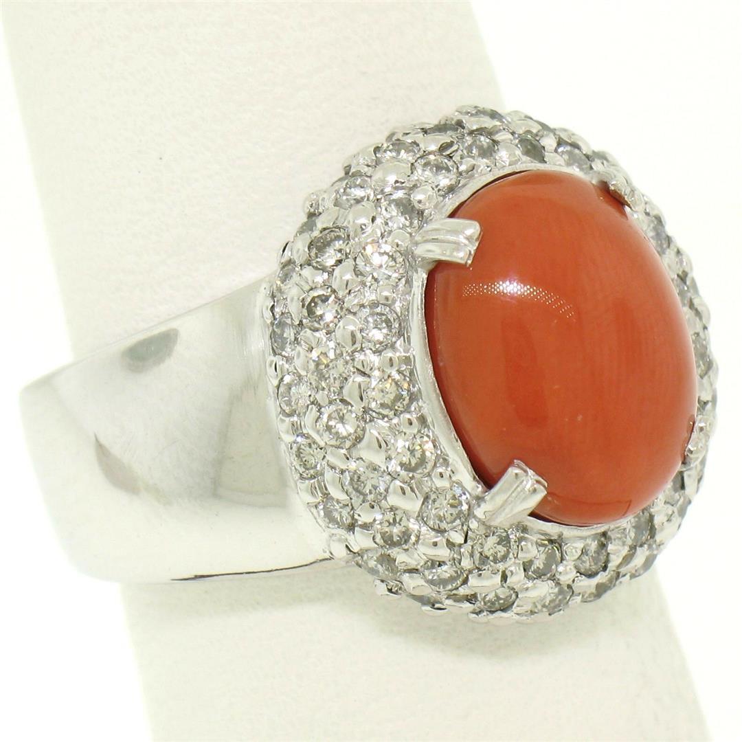 14k White Gold Oval Cabochon Red Coral Ring w/ 2.10 ctw Diamond Halo