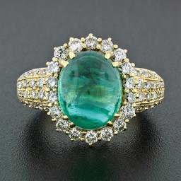 Vintage 18k Gold 11.08 ctw AGL Oval Cabochon Emerald & Pave Diamond Cocktail Rin