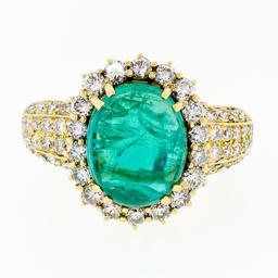 Vintage 18k Gold 11.08 ctw AGL Oval Cabochon Emerald & Pave Diamond Cocktail Rin