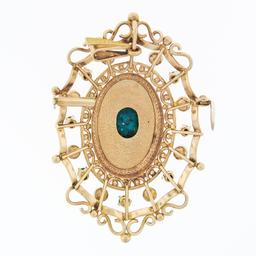 Vintage 18k Gold Oval Turquoise & Round Pearl Open Work Brooch Pin or Pendant