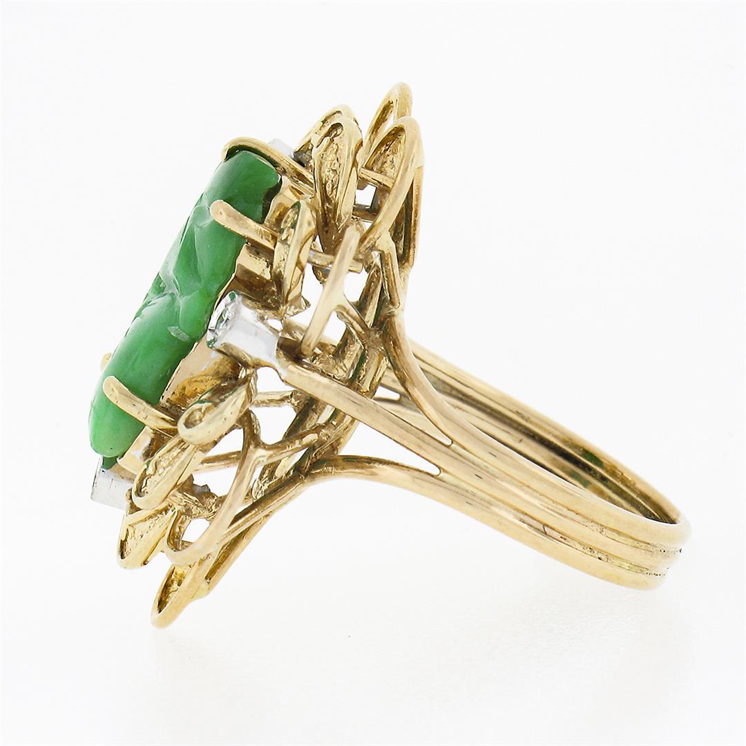 Vintage 14k Gold Carved Leaf Jade & Diamond Dual Finish Open Frame Cocktail Ring