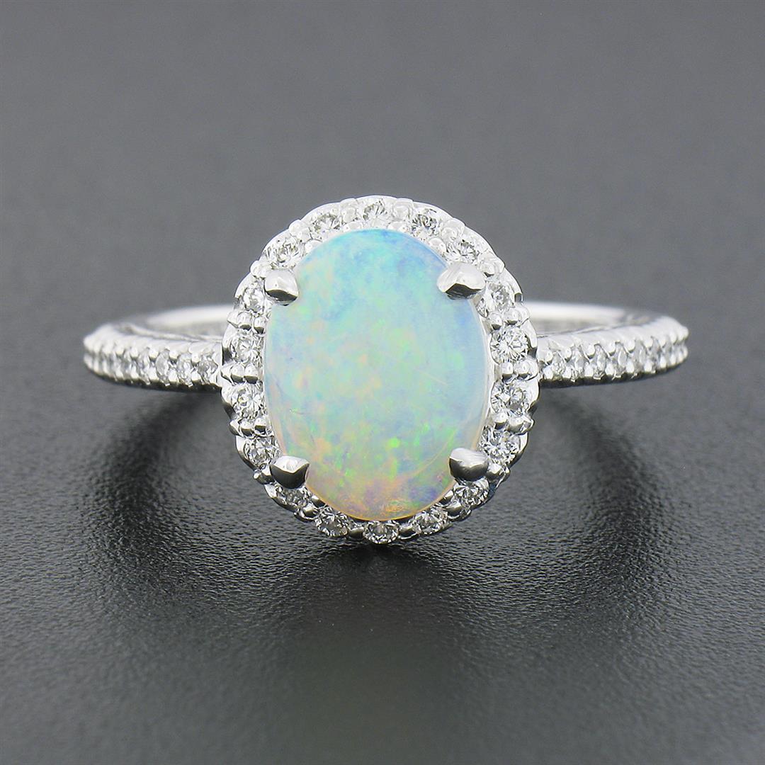 NEW 14K White Gold Oval Cabochon Opal Solitaire Round Diamond Halo Cluster Ring