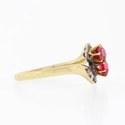 Antique Victorian 14k Gold GIA NO HEAT Pink Spinel Cluster & Diamond Bypass Ring