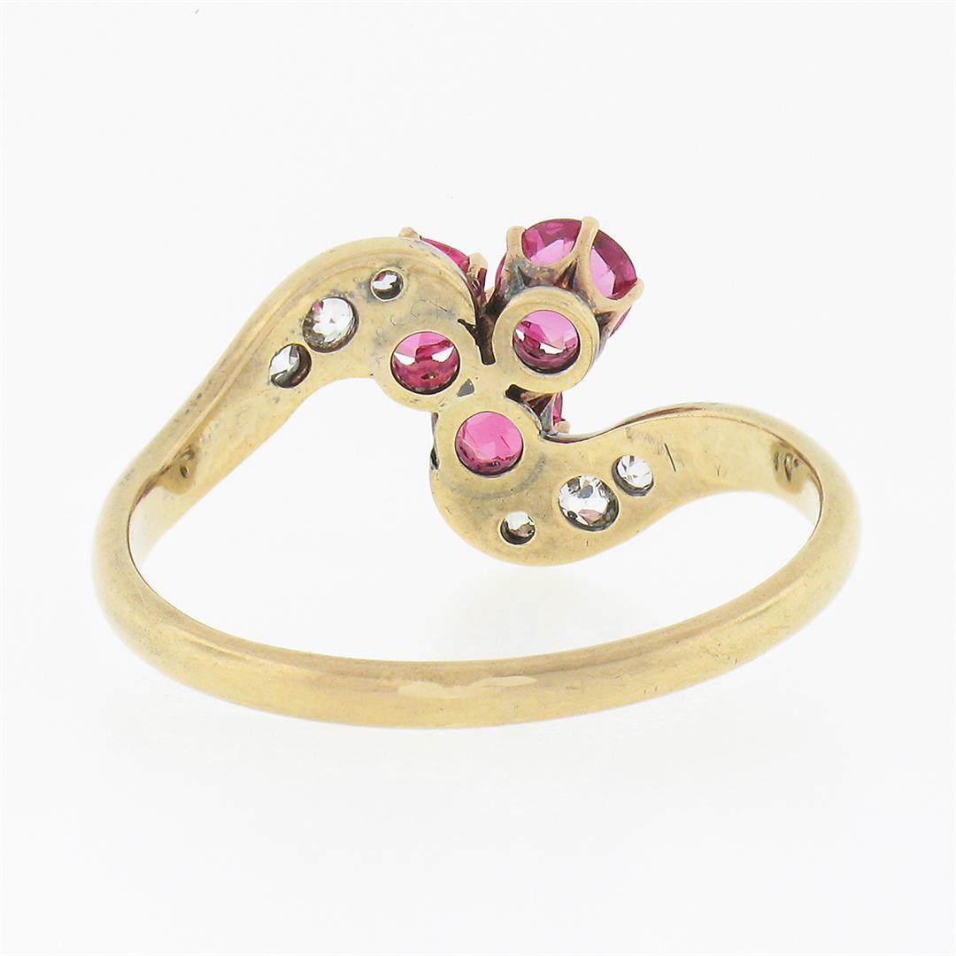 Antique Victorian 14k Gold GIA NO HEAT Pink Spinel Cluster & Diamond Bypass Ring