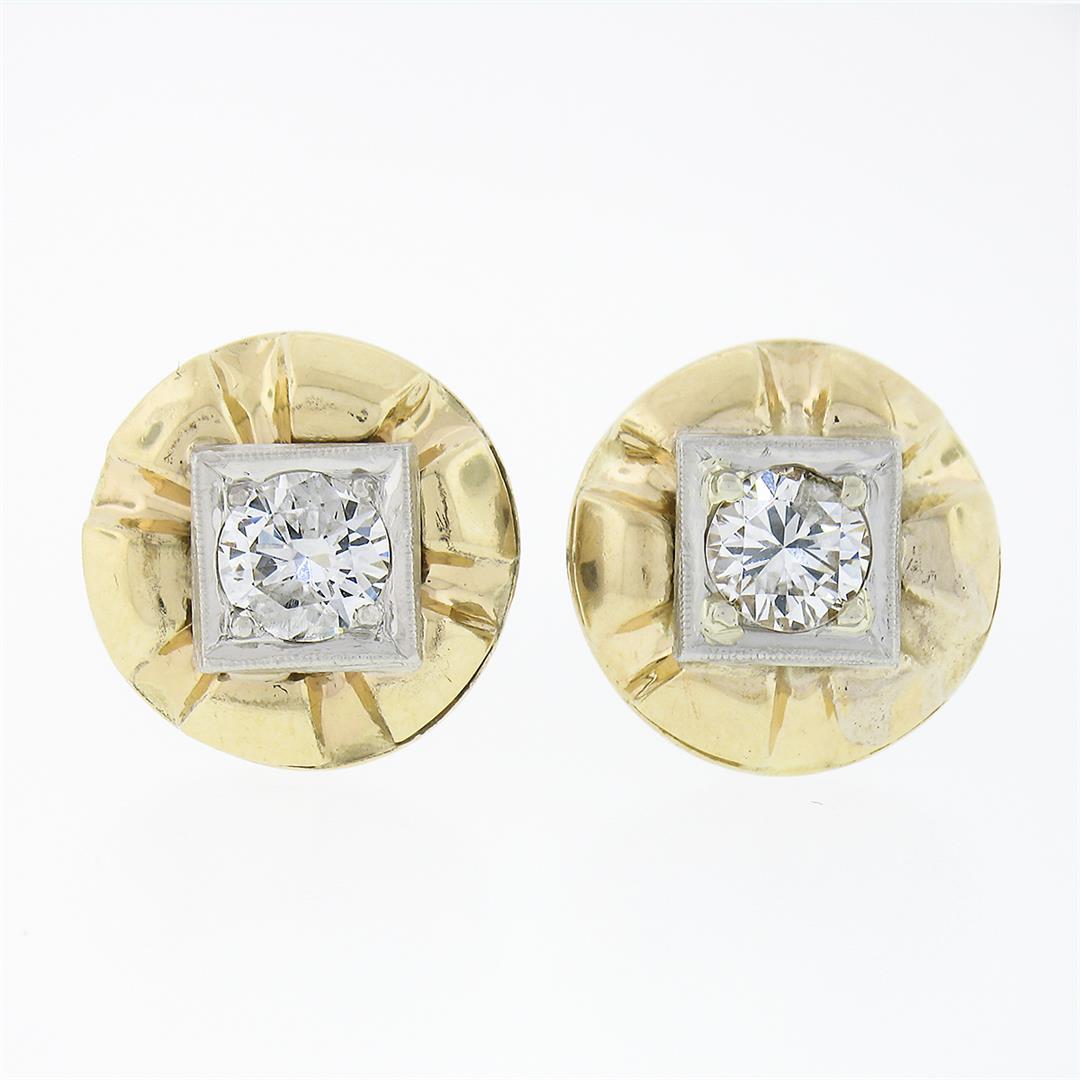 Unique Vintage 14k TT Gold 0.94 ctw Diamond Domed Grooved Button Stud Earrings