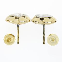 Unique Vintage 14k TT Gold 0.94 ctw Diamond Domed Grooved Button Stud Earrings