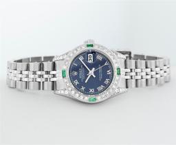 Rolex Ladies Quickset Stainless Steel Blue Roman 18K White Gold Diamond & Emeral