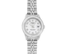 Rolex Ladies Quickset Stainless Steel White Arabic Dial Diamond Bezel Wristwatch