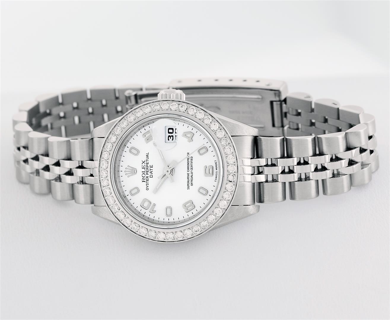 Rolex Ladies Quickset Stainless Steel White Arabic Dial Diamond Bezel Wristwatch