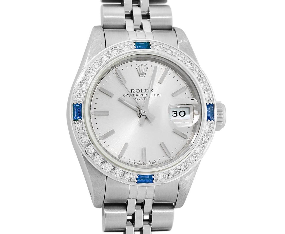 Rolex Ladies Quickset Stainless Steel 18K White Gold Diamond & Sapphire Bezel Si