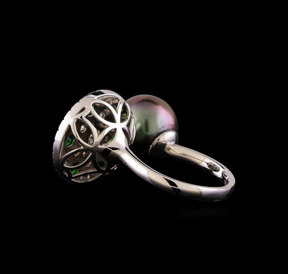 1.37 ctw Diamond, Tsavorite and Pearl Ring - 14KT White Gold