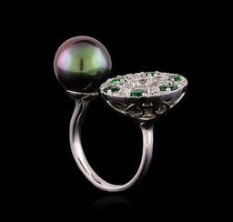 1.37 ctw Diamond, Tsavorite and Pearl Ring - 14KT White Gold