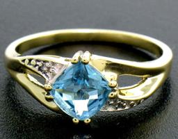 Solid 10k Yellow Gold Checkerboard Cushion Blue Topaz Ring w/ Diamond Accents