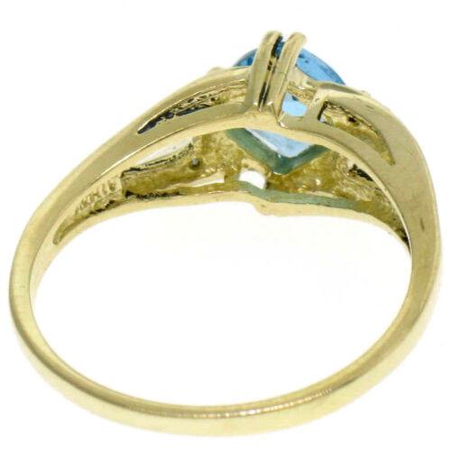 Solid 10k Yellow Gold Checkerboard Cushion Blue Topaz Ring w/ Diamond Accents