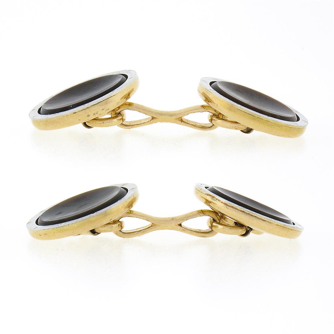 Men's Antique 14k TT Gold Black Mother of Pearl w/ Grooved Rim Round Cuff Links