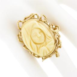 Vintage 14k Gold Carved Oval Nun Cameo Open Freeform Nugget Textured Ring