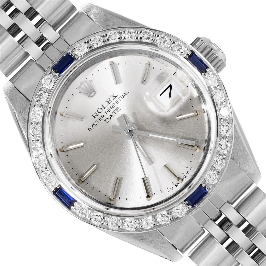 Rolex Ladies Stainless Steel Silver Index 18K Gold Diamond And Sapphire Bezel Da