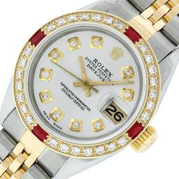 Rolex Ladies Two Tone 18K Yellow Gold And Steel Silver Diamond And Ruby Quickset