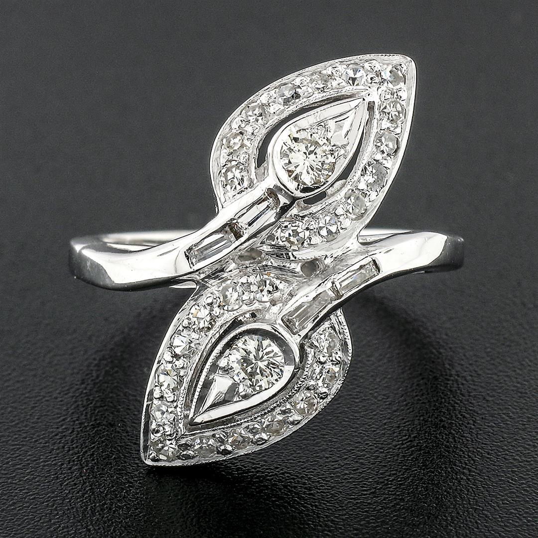 Vintage 14k White Gold 0.84 ctw Round Baguette Cut Diamond Pear Leaf Bypass Ring