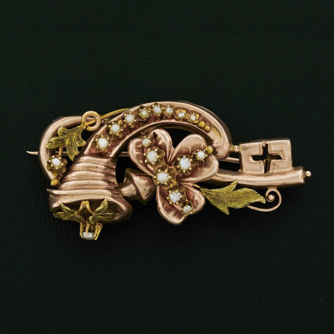 Victorian 12k Rose & Green Gold Natural Seed Pearl Flower Brooch