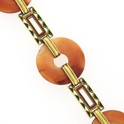 Antique 6.5" 14k Yellow Gold Orange Agate Orange & Green Enamel Link Bracelet