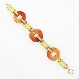 Antique 6.5" 14k Yellow Gold Orange Agate Orange & Green Enamel Link Bracelet