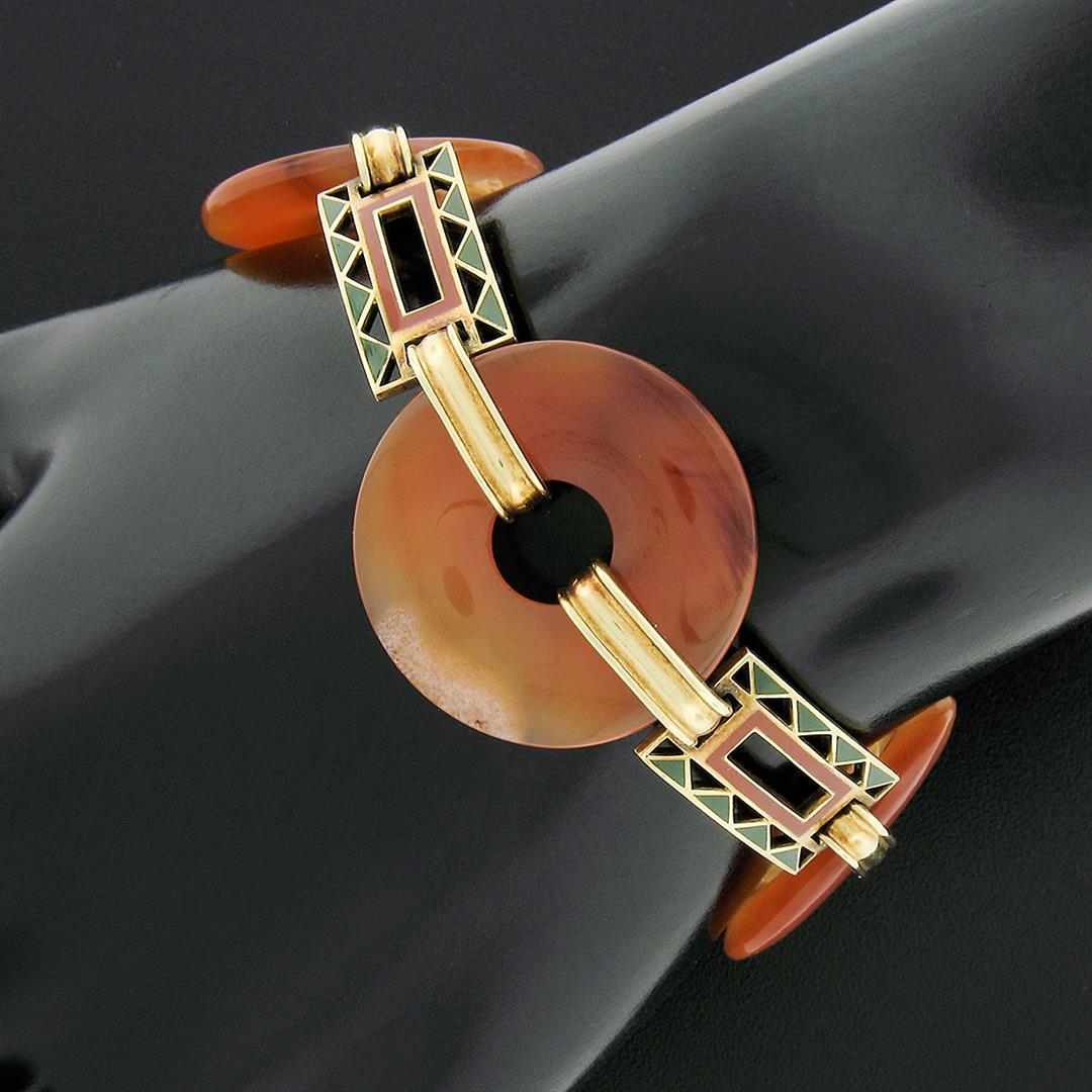 Antique 6.5" 14k Yellow Gold Orange Agate Orange & Green Enamel Link Bracelet