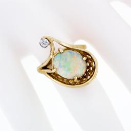 Vintage 14k Gold 2.07 ctw Oval Opal Solitaire & Round Diamond Accent Basket Ring