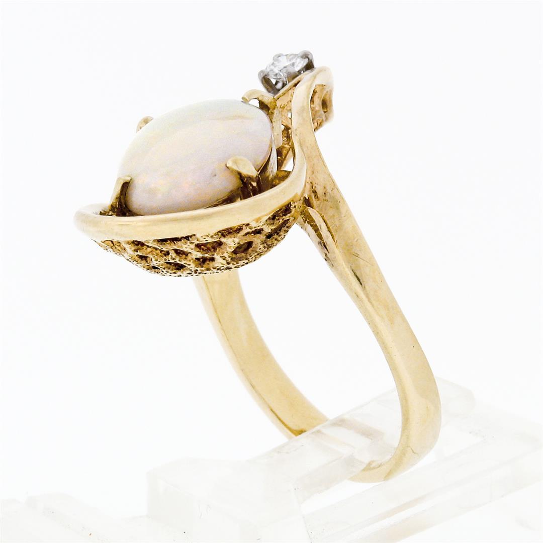 Vintage 14k Gold 2.07 ctw Oval Opal Solitaire & Round Diamond Accent Basket Ring