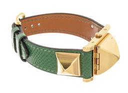 Hermes Green Gold Steel and Leather Medor PM Quartz Watch