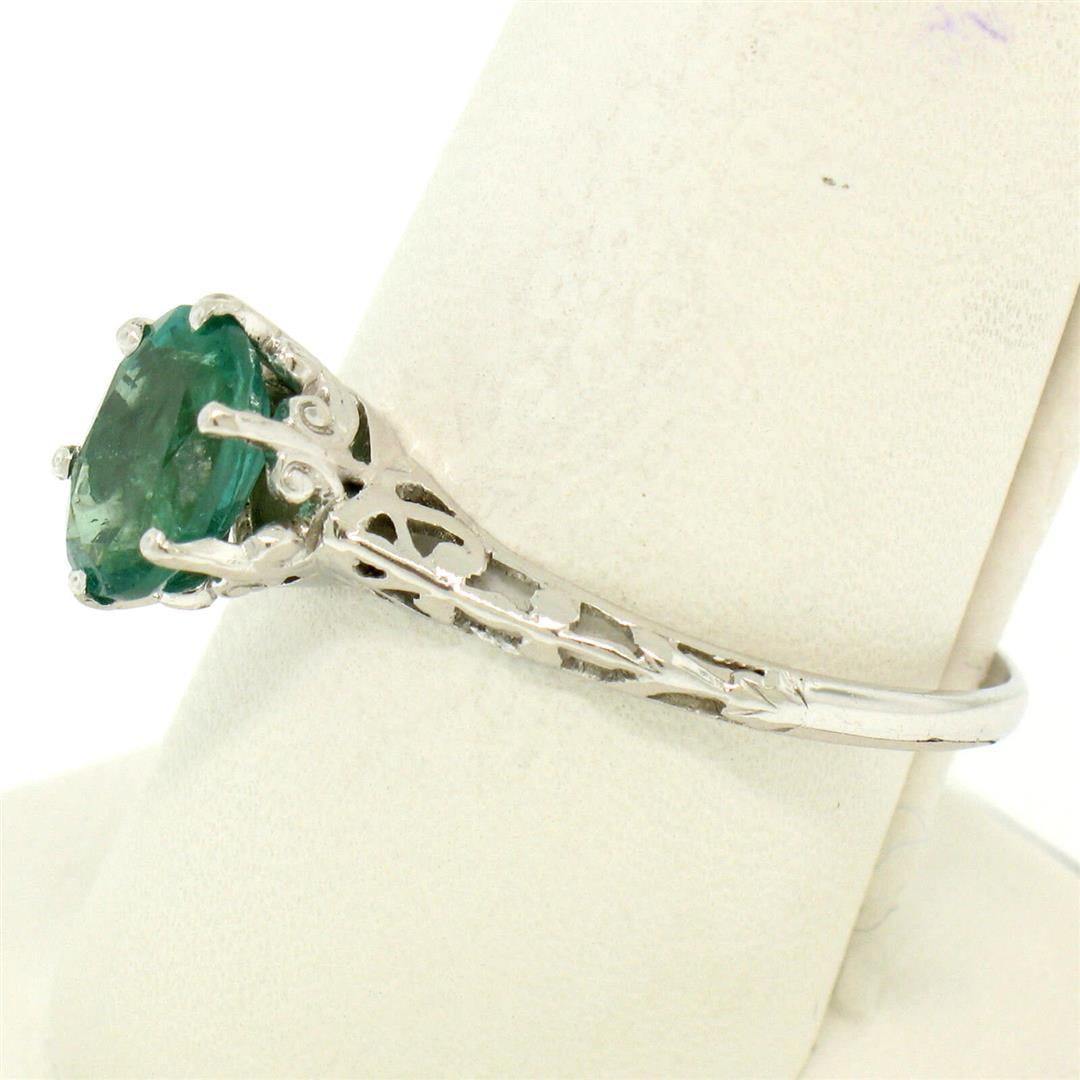 Vintage 14k White Gold 1.38 ctw Prong Set Oval Cut Emerald Filigree Solitaire Ri