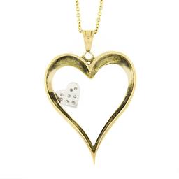 14k TT Gold Large Polished Open Heart w/ Diamond Heart Accent Pendant & Chain