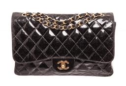 Chanel Black Glitter Patent Leather Jumbo Flap Shoulder Bag