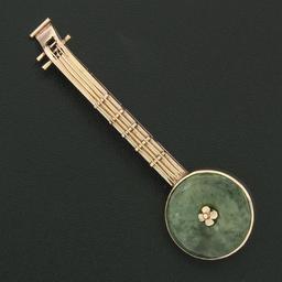 Antique 14k Yellow Gold 16.3mm Round Circle Marbled Green Jade Banjo Pin Brooch