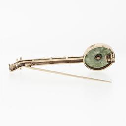 Antique 14k Yellow Gold 16.3mm Round Circle Marbled Green Jade Banjo Pin Brooch