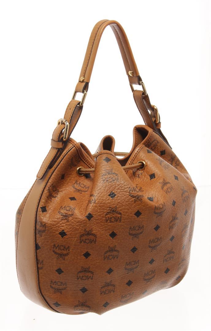 MCM Cognac Visetos Leather Bucket Bag