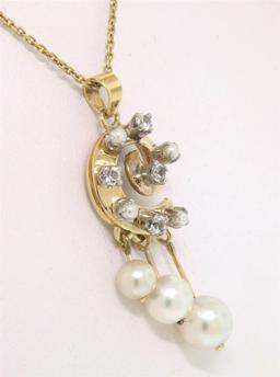 Vintage 14K Yellow Gold Round Pearl & .20 ctw Diamond Spiral 16" Pendant Necklac