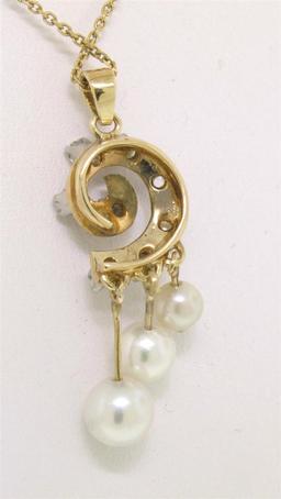 Vintage 14K Yellow Gold Round Pearl & .20 ctw Diamond Spiral 16" Pendant Necklac